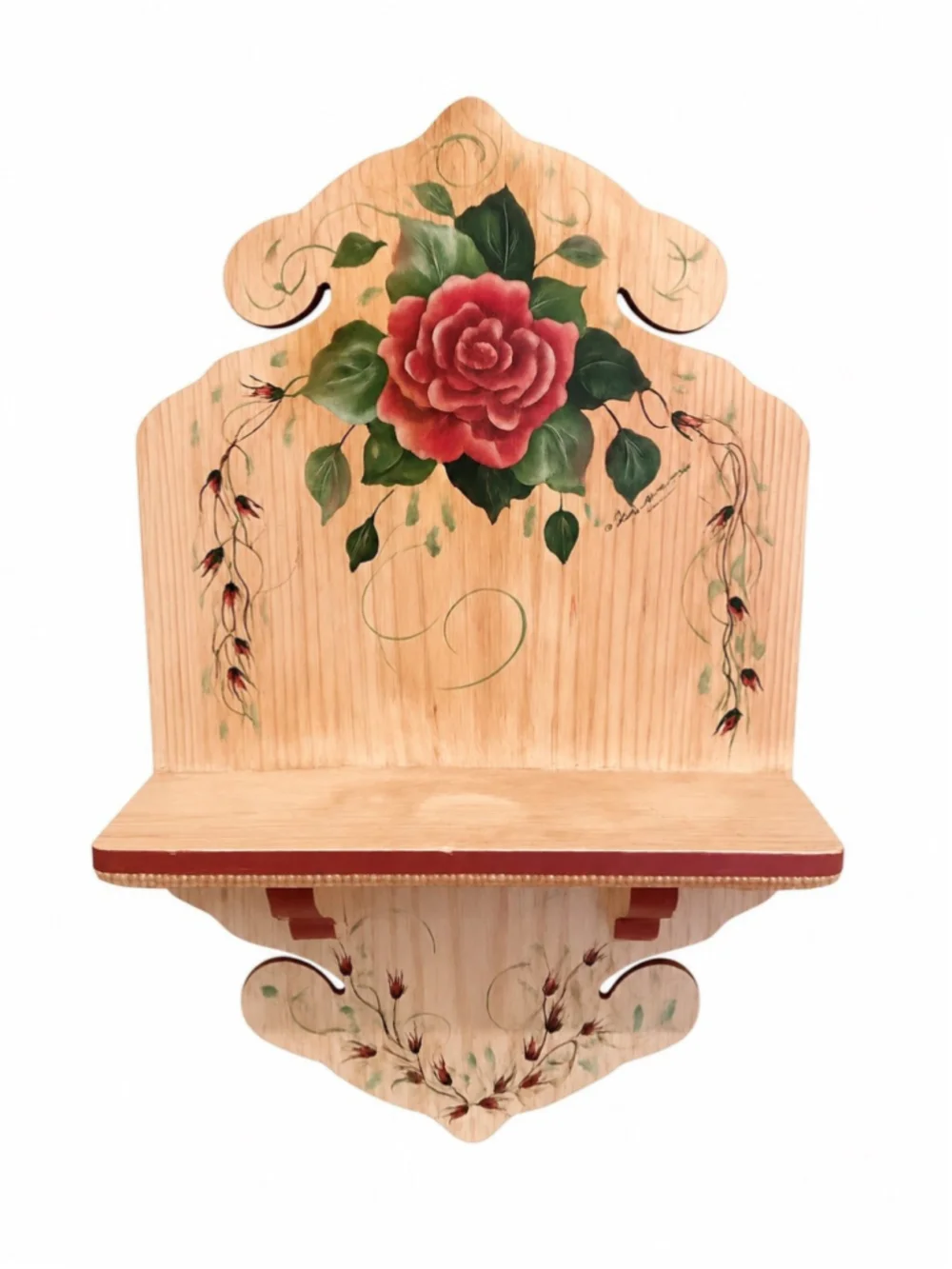 Hand Painted Floral Wood Wall Shelf Cottagecore Rose Accent Decorative Display S